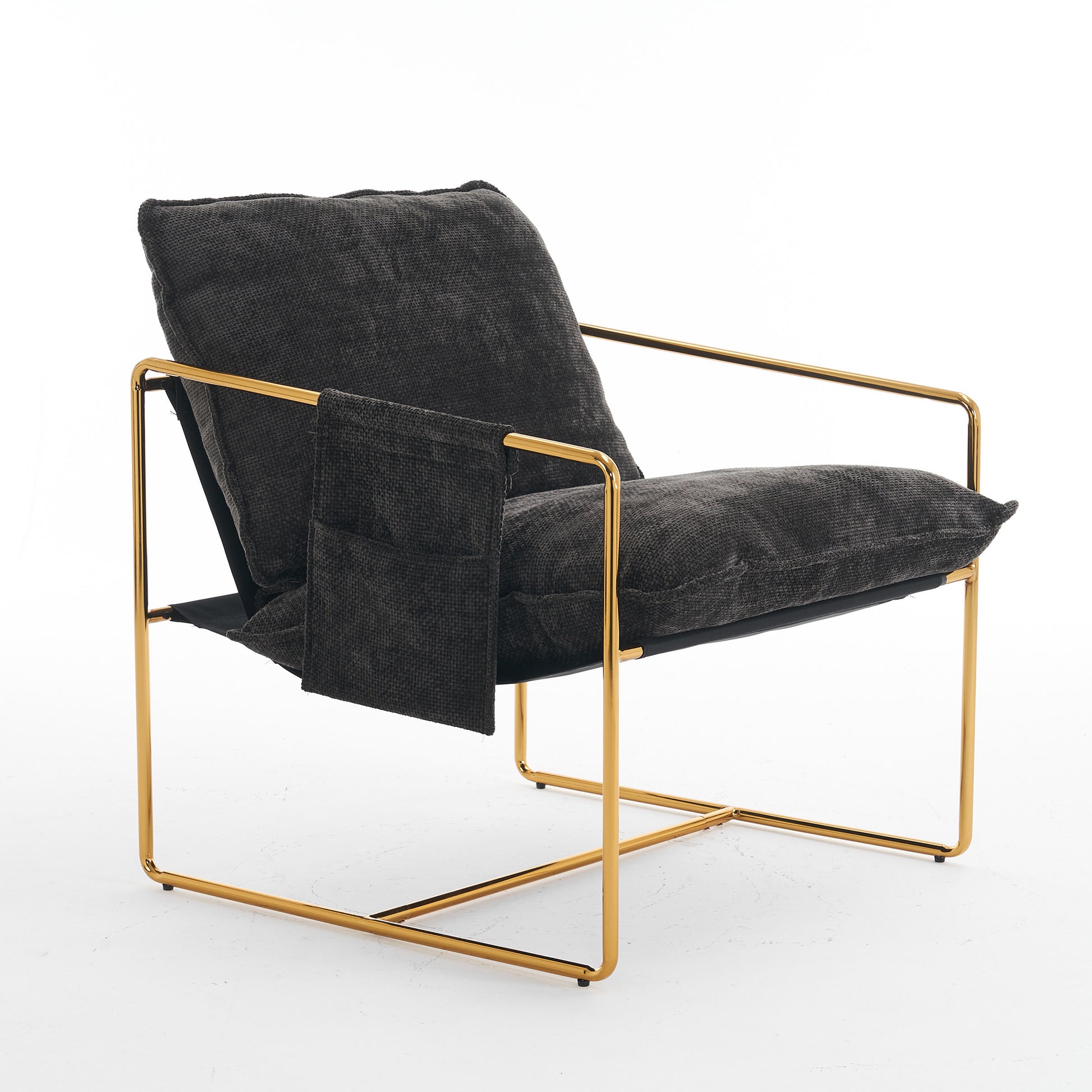 2 Chairs in 1 Box, Upholstered Hanging Armchair with Arm Pockets Metal frame, gold-plated craftsmanship, crushed foam cushions and skin-friendly woven fabric for living room and bedroom. Dark Gray