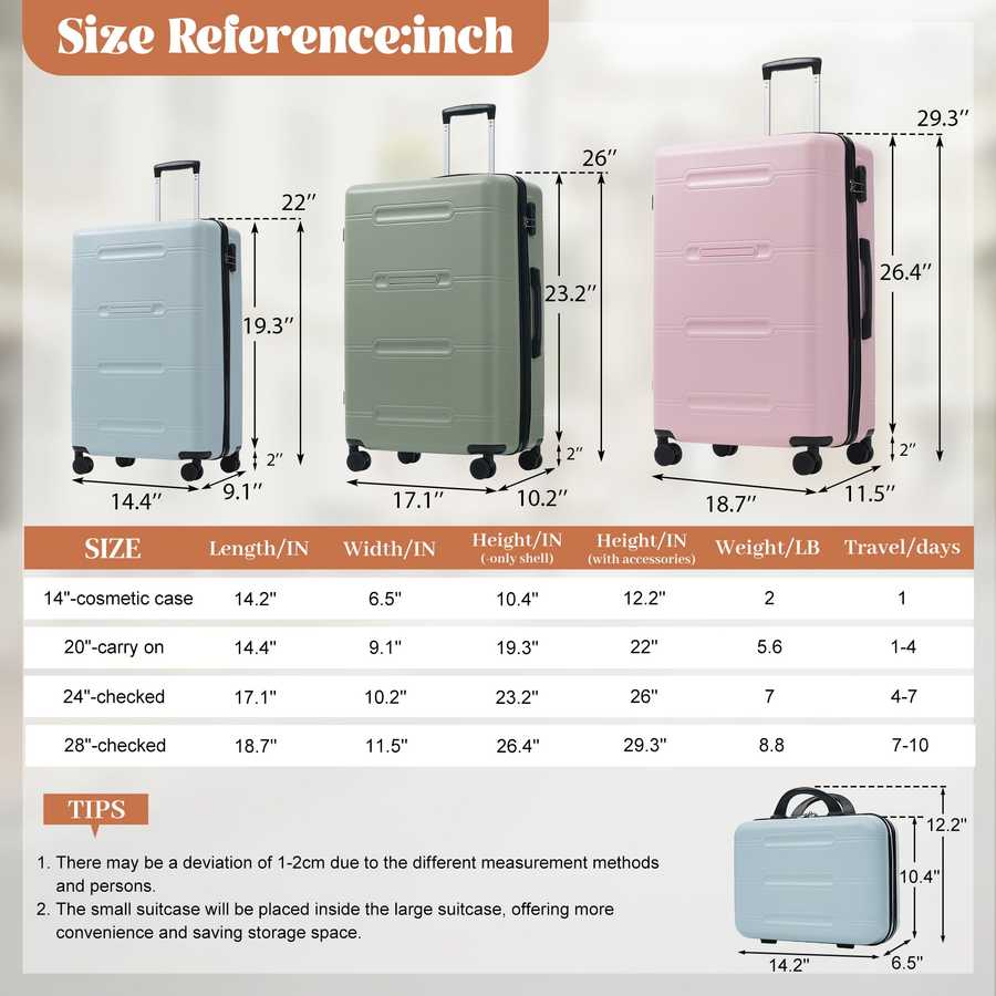 Size reference chart for suitcases with dimensions and weight.