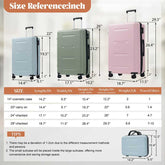 Size reference chart for suitcases with dimensions and weight.