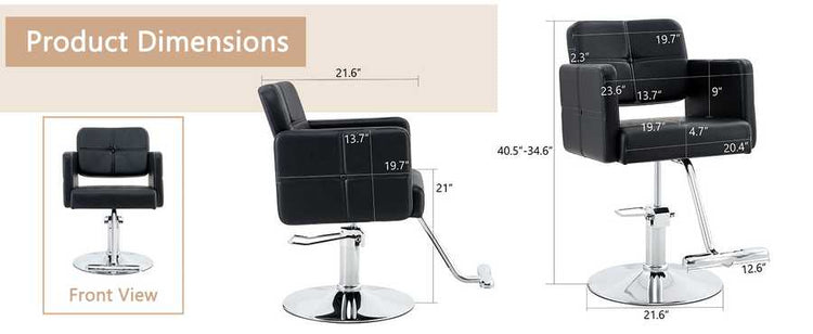 Product dimensions diagram of black salon style chair