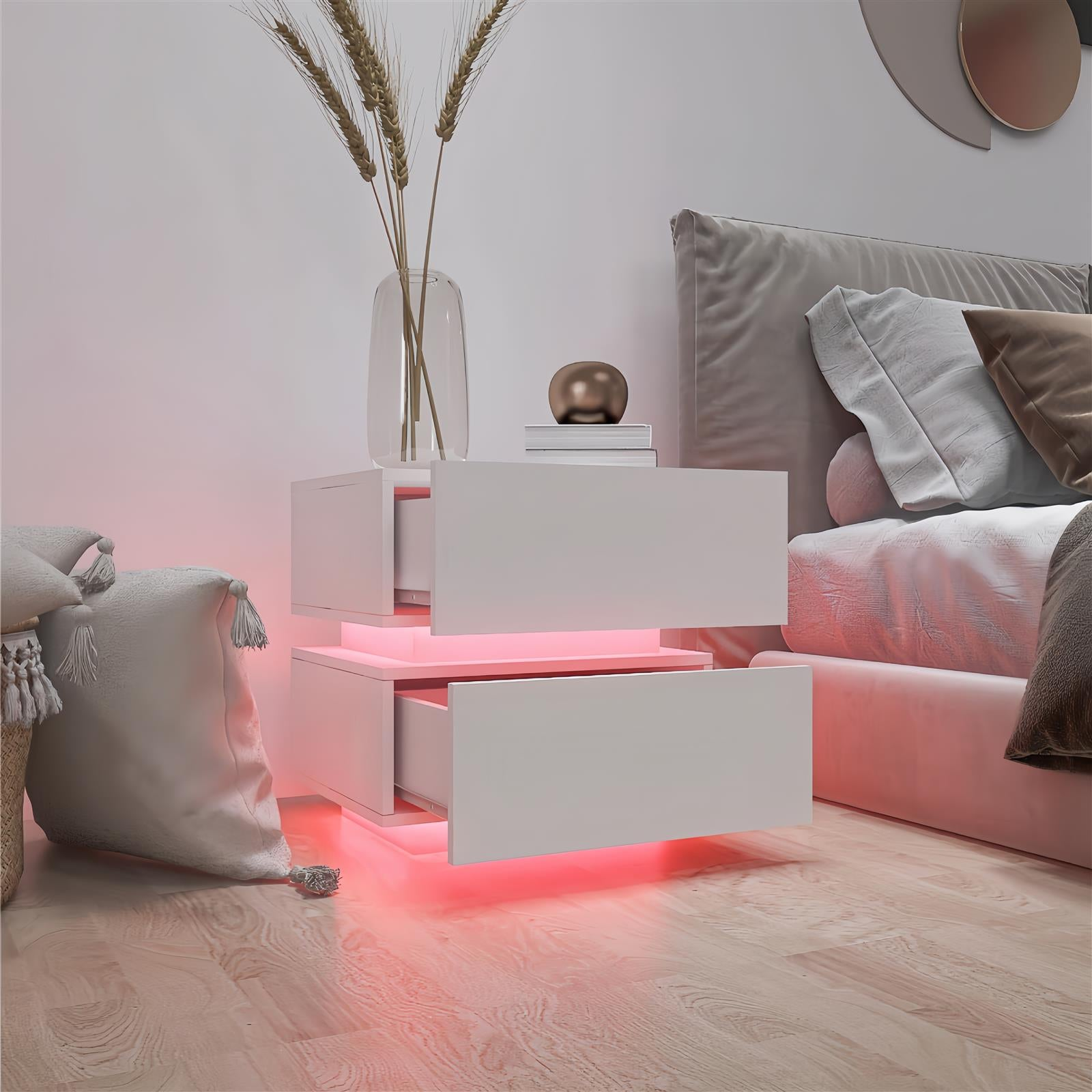 White Color High Glossy 2 Drawers Bedside Table with RGB Led Light Nightstand with Bluetooth Control