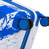 Close-up of a suitcase with blue wheels on a white background