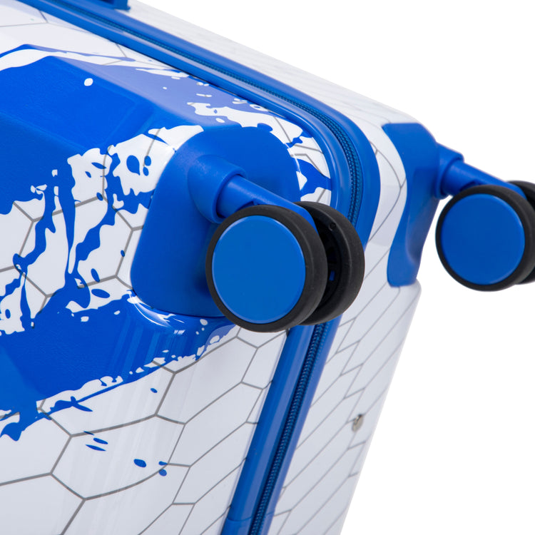 Close-up of a suitcase with blue wheels on a white background