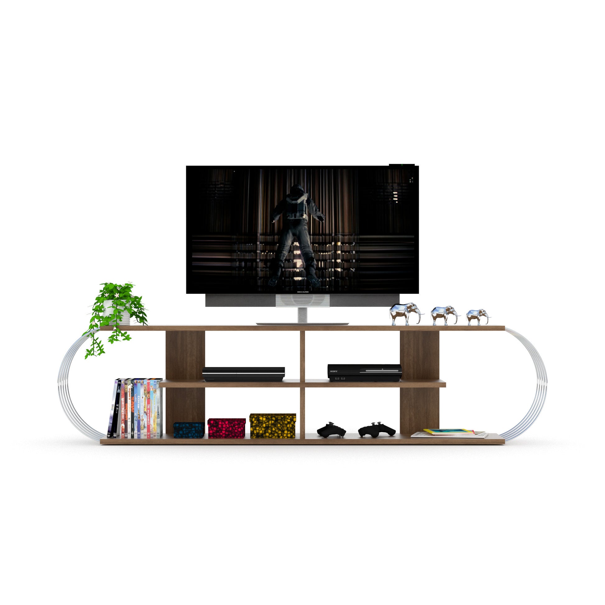 Furnis Home Store Mid Century Modern Tv Stand 4 Shelves Open Storage Entertainment Centre 68 inch Tv Unit, Walnut/Chrome