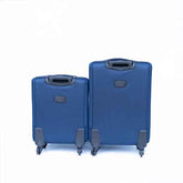 Blue suitcase with retractable handle and four wheels, featuring a textured fabric exterior, ideal for travel use.