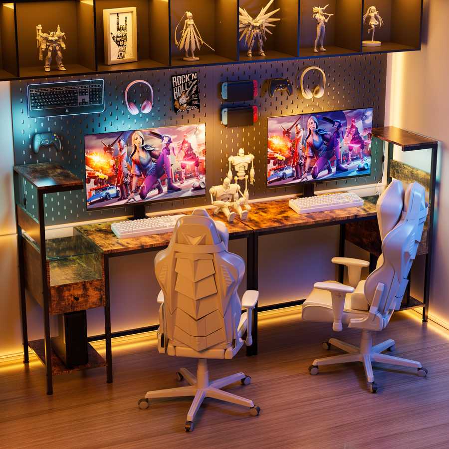 Dual gaming workstation with two computer desks and LED lighting, designed for shared home office or gaming room setup.