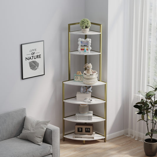 6-Tier Corner Open Shelf Modern Bookcase Wood Rack Freestanding Shelving Unit,Plant Album Trinket Sturdy Stand Small Bookshelf Space MLNshops]