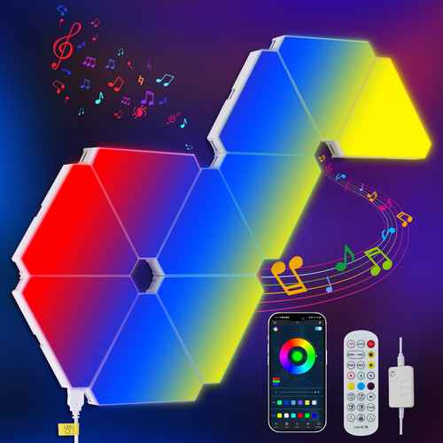 Colorful geometric LED light panel with smartphone app and remote control on a dark background
