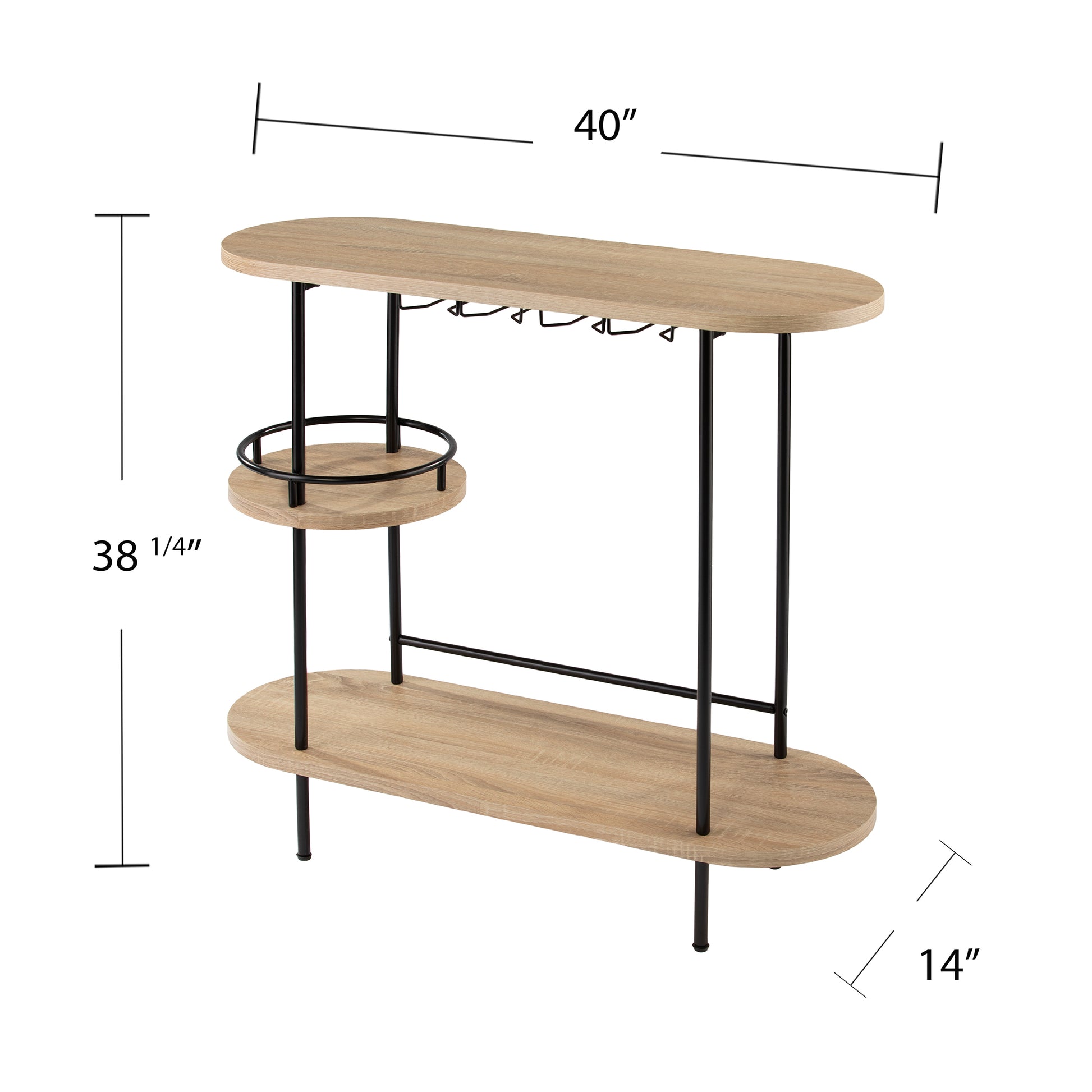 Dimensions of Dagney Wine Bar Table Storage: 40 inches wide, 14 inches deep, and 38.25 inches high, ideal for compact bar spaces.
