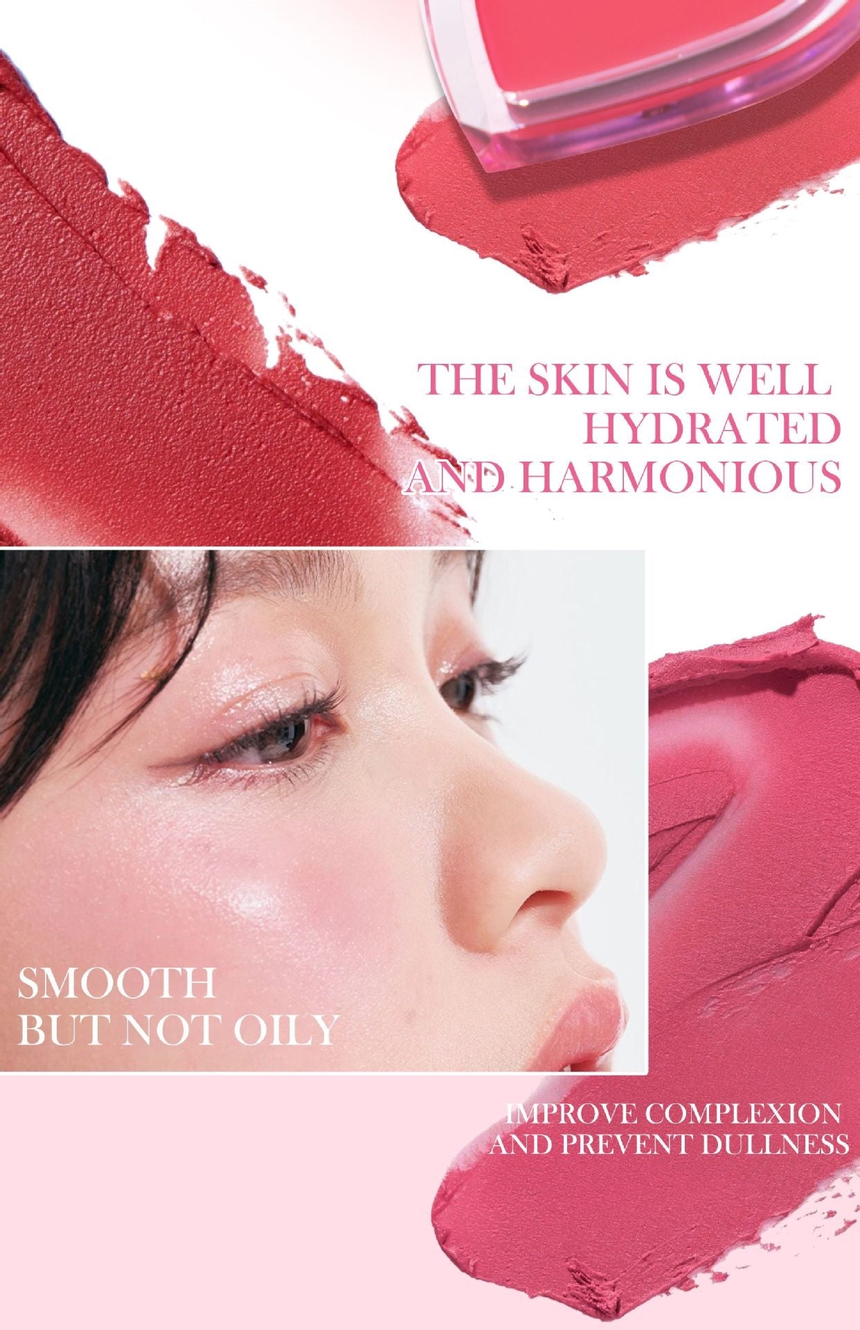 Cosmetic product with pink color swatch and text on a white background