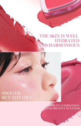 Cosmetic product with pink color swatch and text on a white background