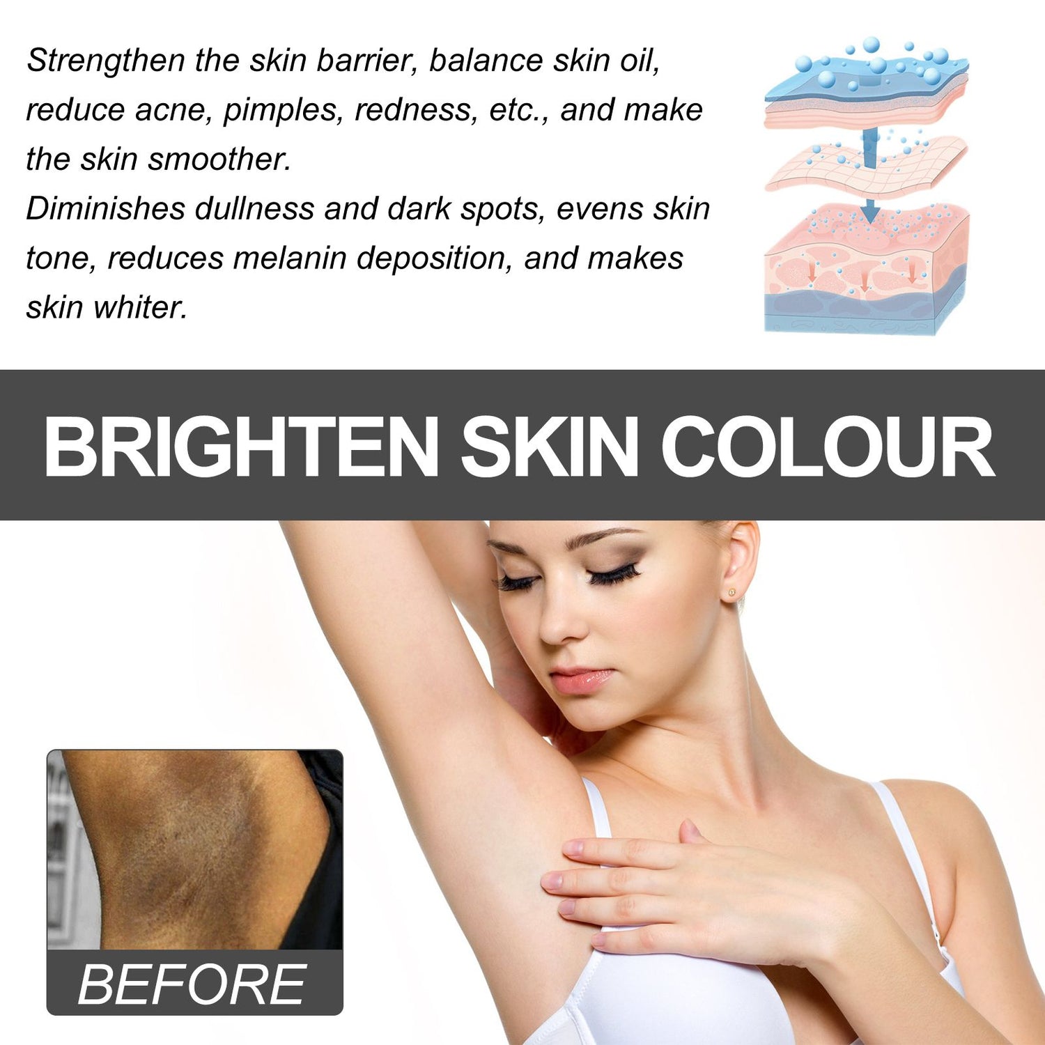 Advertisement for skin brightening product showing before and after effects on skin color.