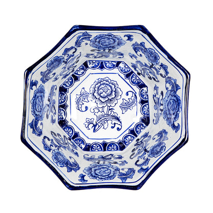 Top view of Blue and White Decorative Bowl - Porcelain, Elegant Design showing detailed floral artwork inside the octagonal shape.