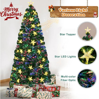 6FT Pre-lit Fiber Optic Christmas Tree with Large Stars, Artificial Christmas Tree Spruce Tree Color Changing Optical Fiber Lights,with Metal Stand,Full Tree for Holiday Decoration