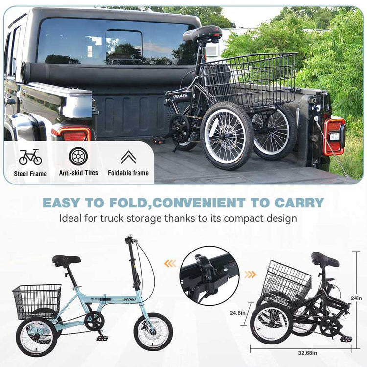 Folding adult tricycle, 14 Inch 3 Wheel Bikes for Adults with Basket
