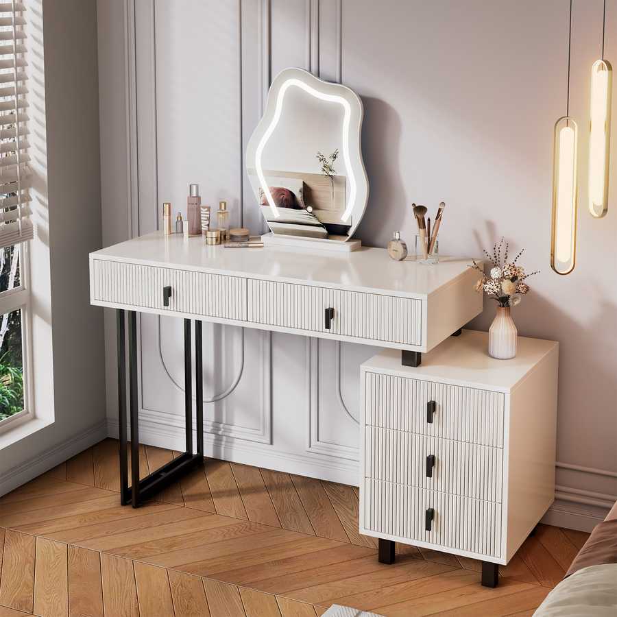 Makeup vanity with LED mirror and storage drawers