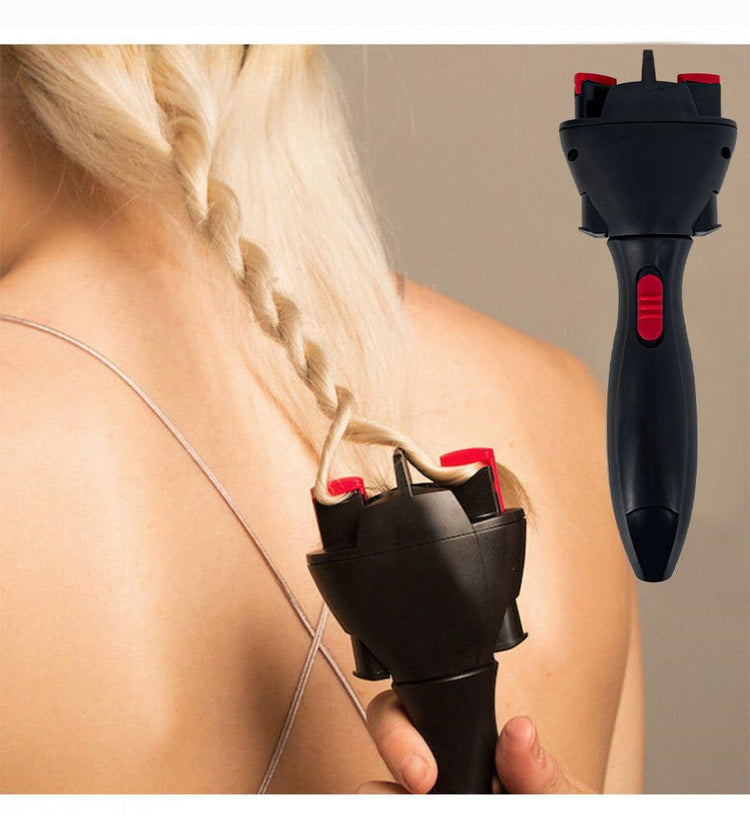 Black and red hair straightening tool held by a person with blonde hair.