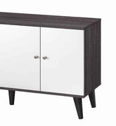 Black and white wood TV stand with storage shelves, cabinet doors, and angled legs, designed for TVs up to 47.3 inches