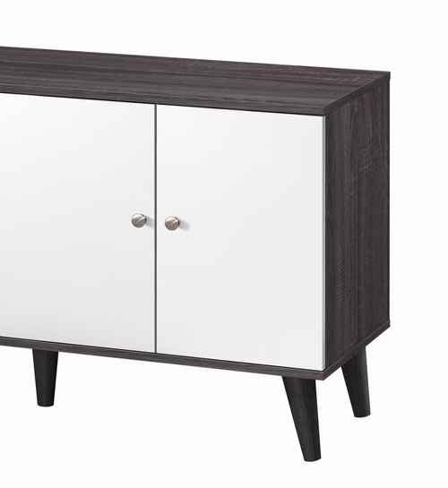 Black and white wood TV stand with storage shelves, cabinet doors, and angled legs, designed for TVs up to 47.3 inches