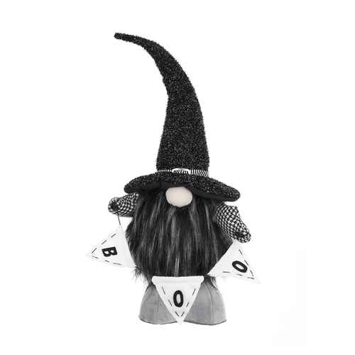 Black and white gnome figurine with a long hat on a white background
