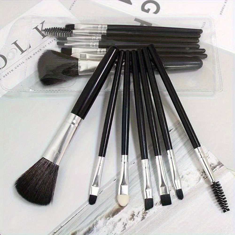 Makeup Brush Set - Essential Beauty Tools| Facial & Eye black cosmetic brushes with silver ferrules displayed on a magazine layout for beauty lovers.