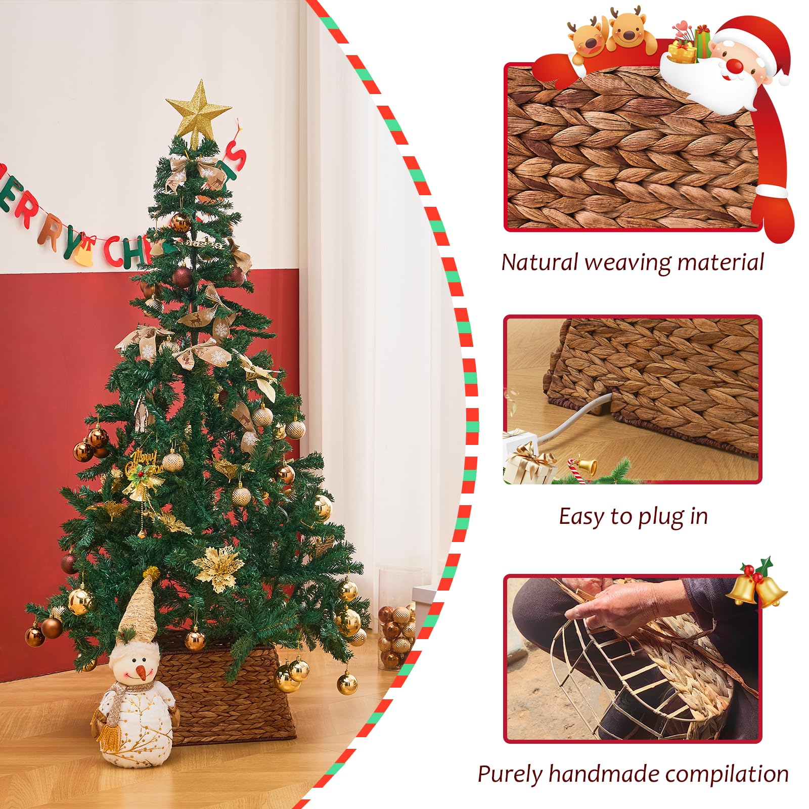 Handmade Hyacinth Wicker Christmas Tree Skirt shown with natural weaving, easy plug-in access, and artisan craftsmanship details.