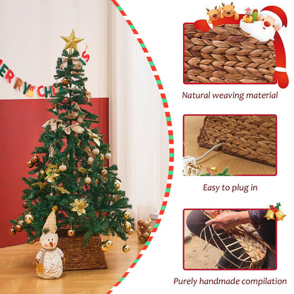 Handmade Hyacinth Wicker Christmas Tree Skirt shown with natural weaving, easy plug-in access, and artisan craftsmanship details.
