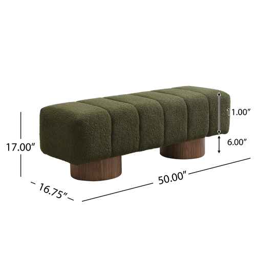Green upholstered bench with wooden legs and dimensions labeled on a white background
