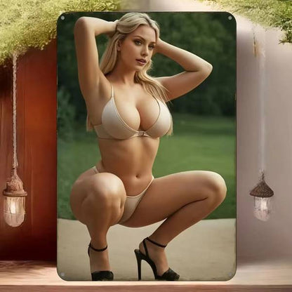 CIFbuy Aluminum Wall Decor showing a bikini-clad model in a squatting pose, set against a cozy indoor backdrop. Canvas wall art for modern interiors.