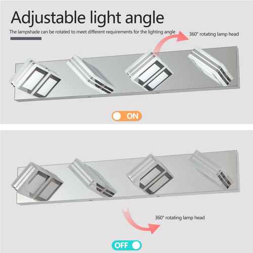 An instructional graphic showing a rectangular wall light fixture in two states: ON at the top and OFF at the bottom. The image explains the adjustable light angle with the lampshade rotating 360 degrees, using arrows and text labels on a light gray background.