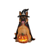 A Halloween decorative dog statue posed on a porch, wearing a witch hat and cape and sitting behind a glowing jack-o&