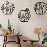 Hexagon botanical wall art set with black metal floral designs for living room decor