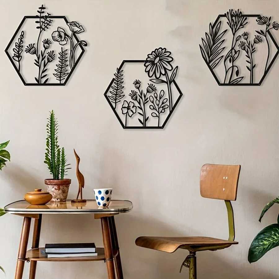 Hexagon botanical wall art set with black metal floral designs for living room decor