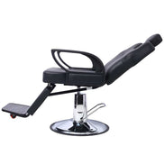 Side view of reclining Barber Chair - Heavy Duty Hydraulic with chrome base and adjustable footrest for salon use