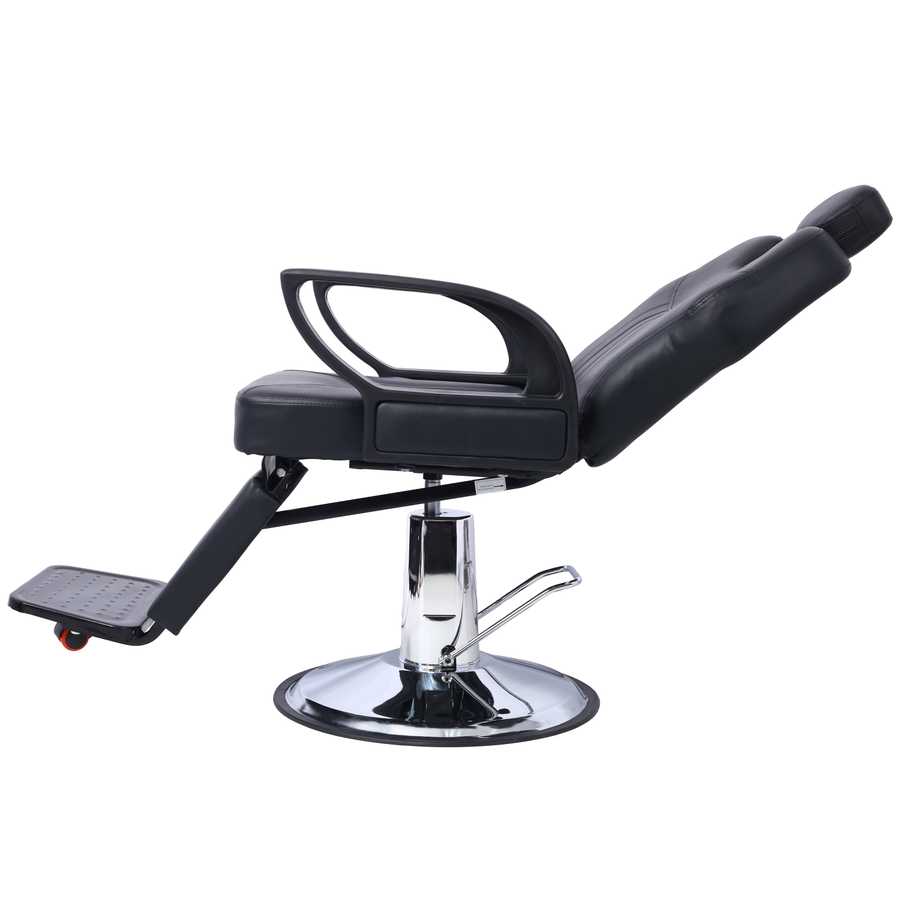 Side view of reclining Barber Chair - Heavy Duty Hydraulic with chrome base and adjustable footrest for salon use