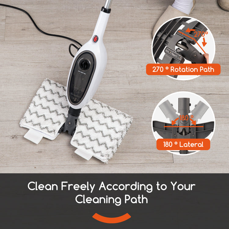 Steam cleaner with cloths and features highlighted on a wooden floor.