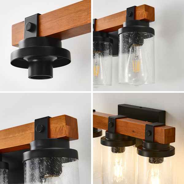 Wooden and black wall-mounted light fixture with glass shades on a white background.