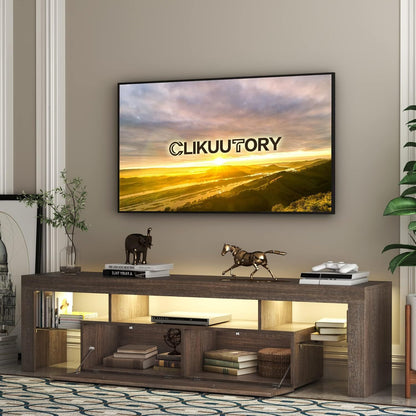 Modern LED TV Stand with Storage for 40–75 Inch TVs, styled in a cozy living room with warm backlighting and decorative accents.