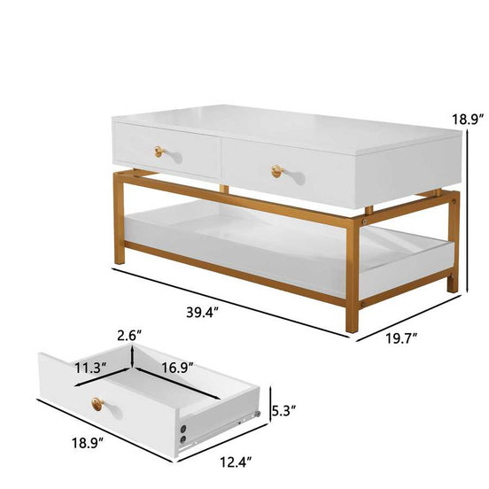 Coffee Tables for Living Room, 39.4' Modern Coffee Table with 2 Drawers and Open Shelf, Wood Center Table with Storage and Gold Metal Frame, White