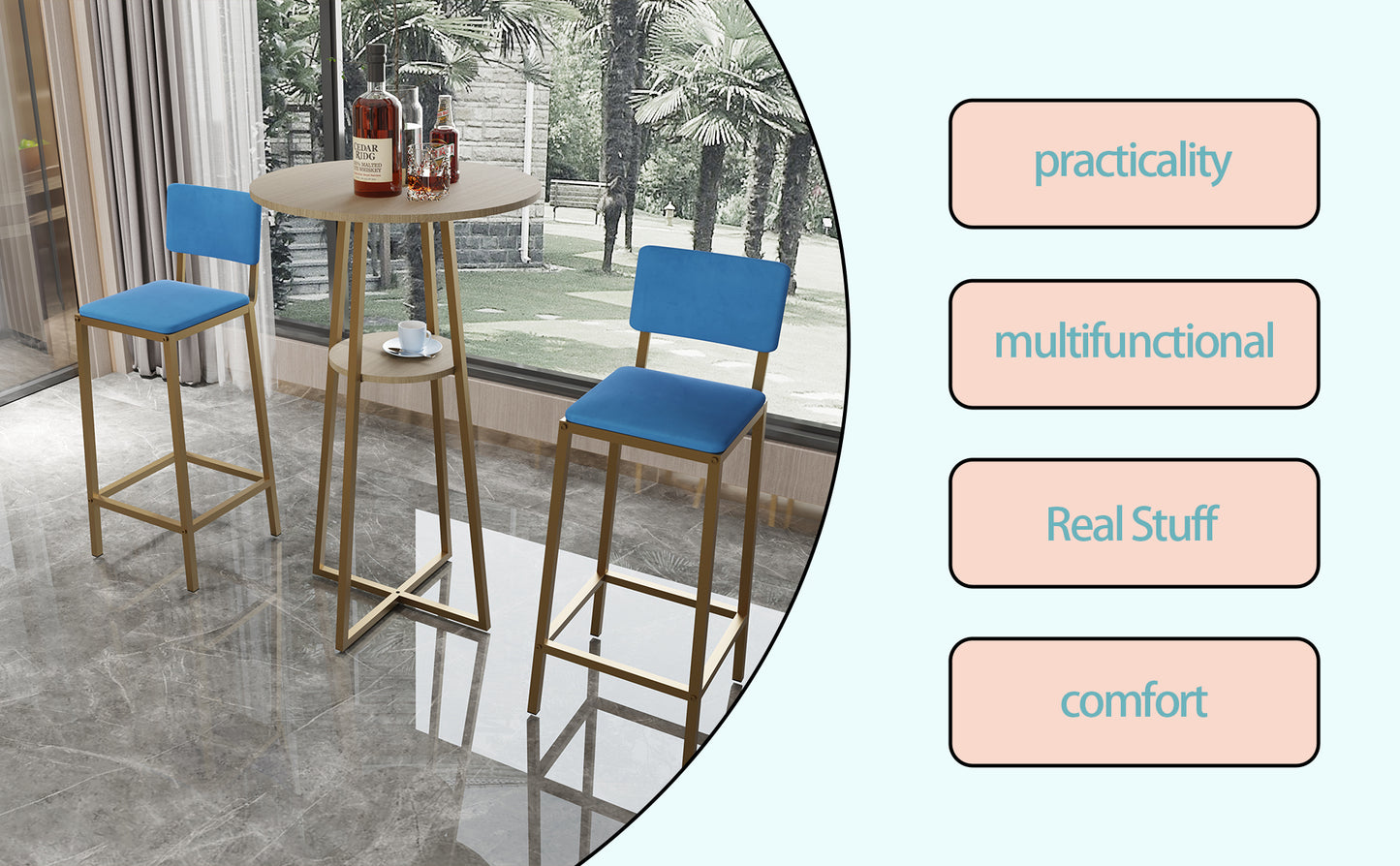 Bar Table and Chairs Set - Gold Frame, Storage Function | Dining Set for 2 with blue cushions in a modern room, highlighting practicality and comfort.