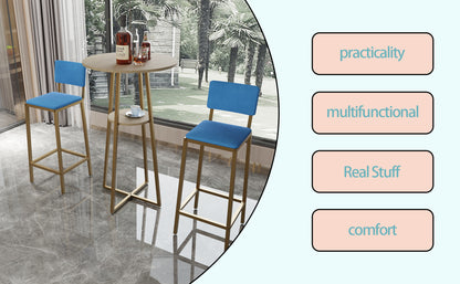Bar Table and Chairs Set - Gold Frame, Storage Function | Dining Set for 2 with blue cushions in a modern room, highlighting practicality and comfort.