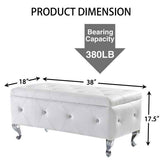 White tufted storage bench with dimensions and bearing capacity label on a white background