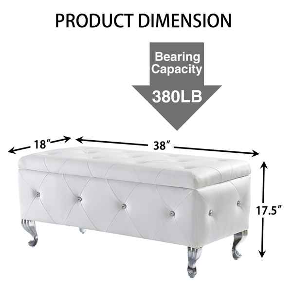 White tufted storage bench with dimensions and bearing capacity label on a white background