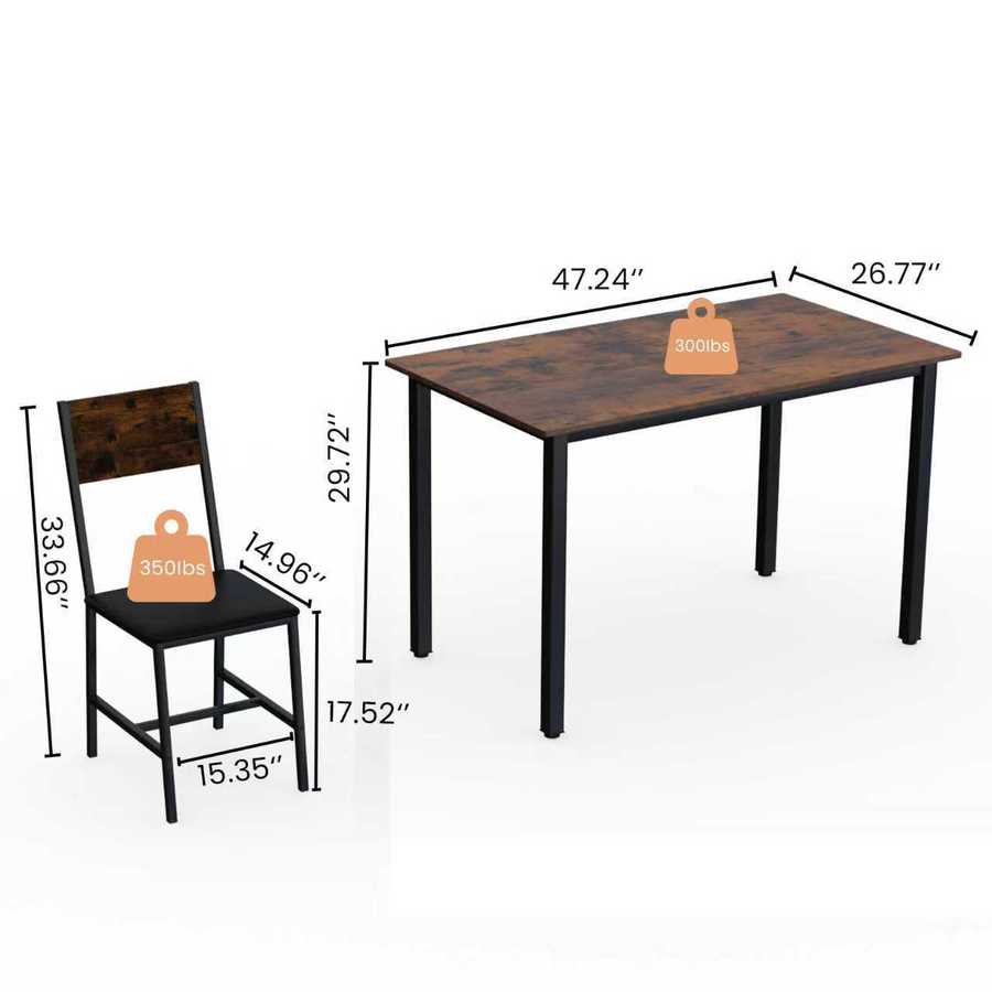 Dimensions of 5 Piece Metal Wood Dining Table Set for 4 with weight capacity labels for table and chairs, ideal for product comparison.