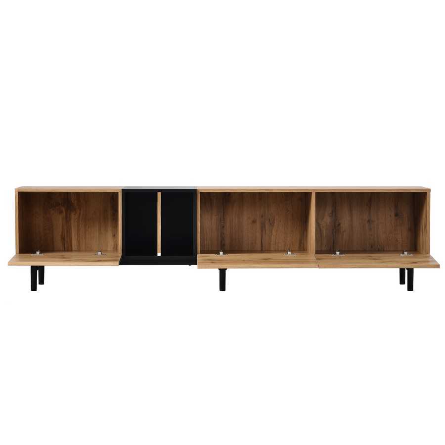 Fully open modern TV stand for 80 inch TV, revealing three spacious compartments for organized media storage.