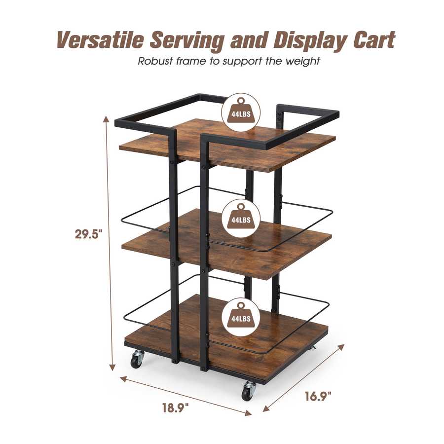 Salon cart with wheels, multi-tier wooden shelves, black metal frame, 29.5-inch height