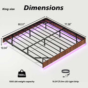 King size floating bed frame dimensions with LED light strip, 1000 lbs capacity and walnut finish metal frame structure.