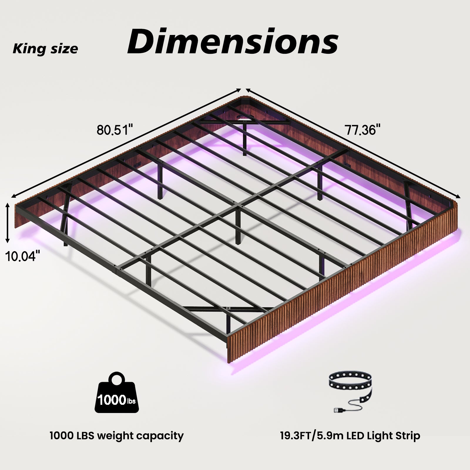 King size floating bed frame dimensions with LED light strip, 1000 lbs capacity and walnut finish metal frame structure.