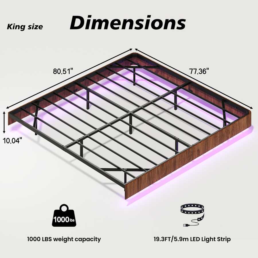 King size floating bed frame dimensions with LED light strip, 1000 lbs capacity and walnut finish metal frame structure.