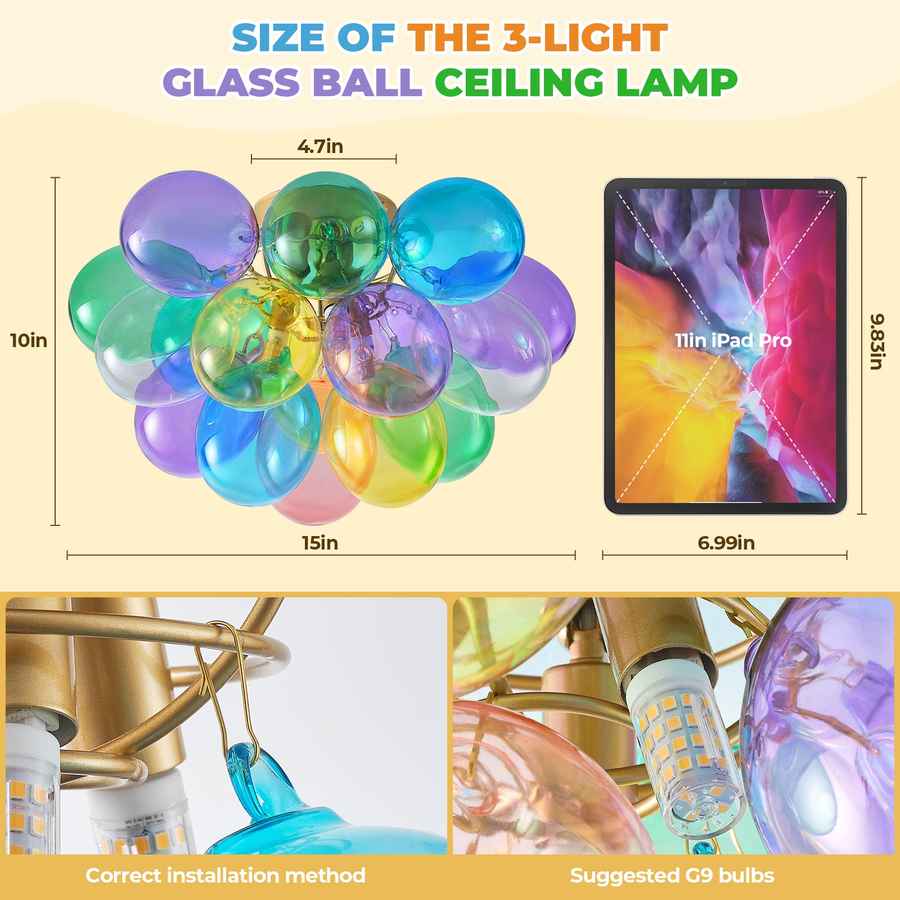 Colorful glass ball ceiling lamp with dimensions and iPad Pro for scale on a beige background